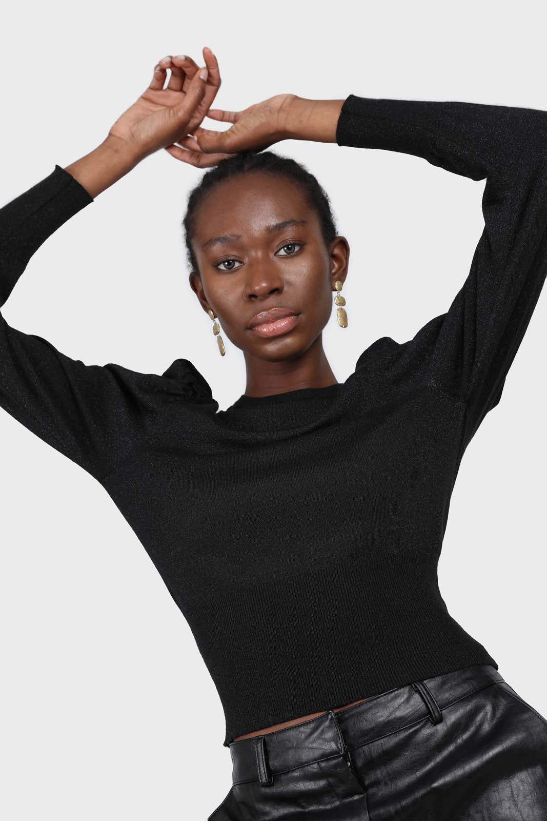 Black glitter balloon sleeve knit top_3