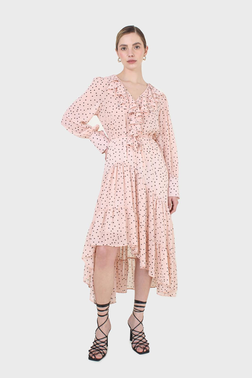Pink and black polka dot long sleeved maxi dress_1