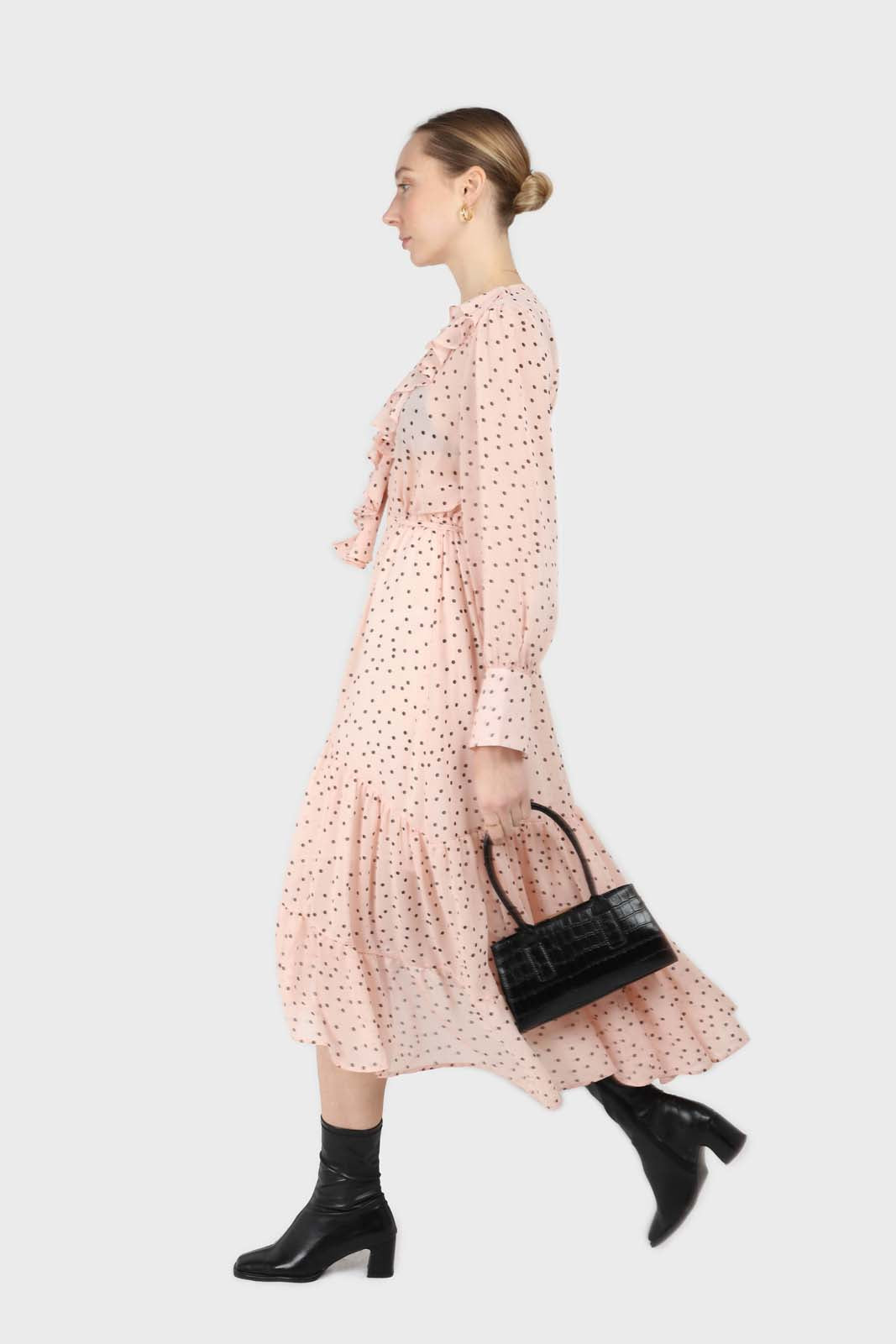 Pink and black polka dot long sleeved maxi dress_13