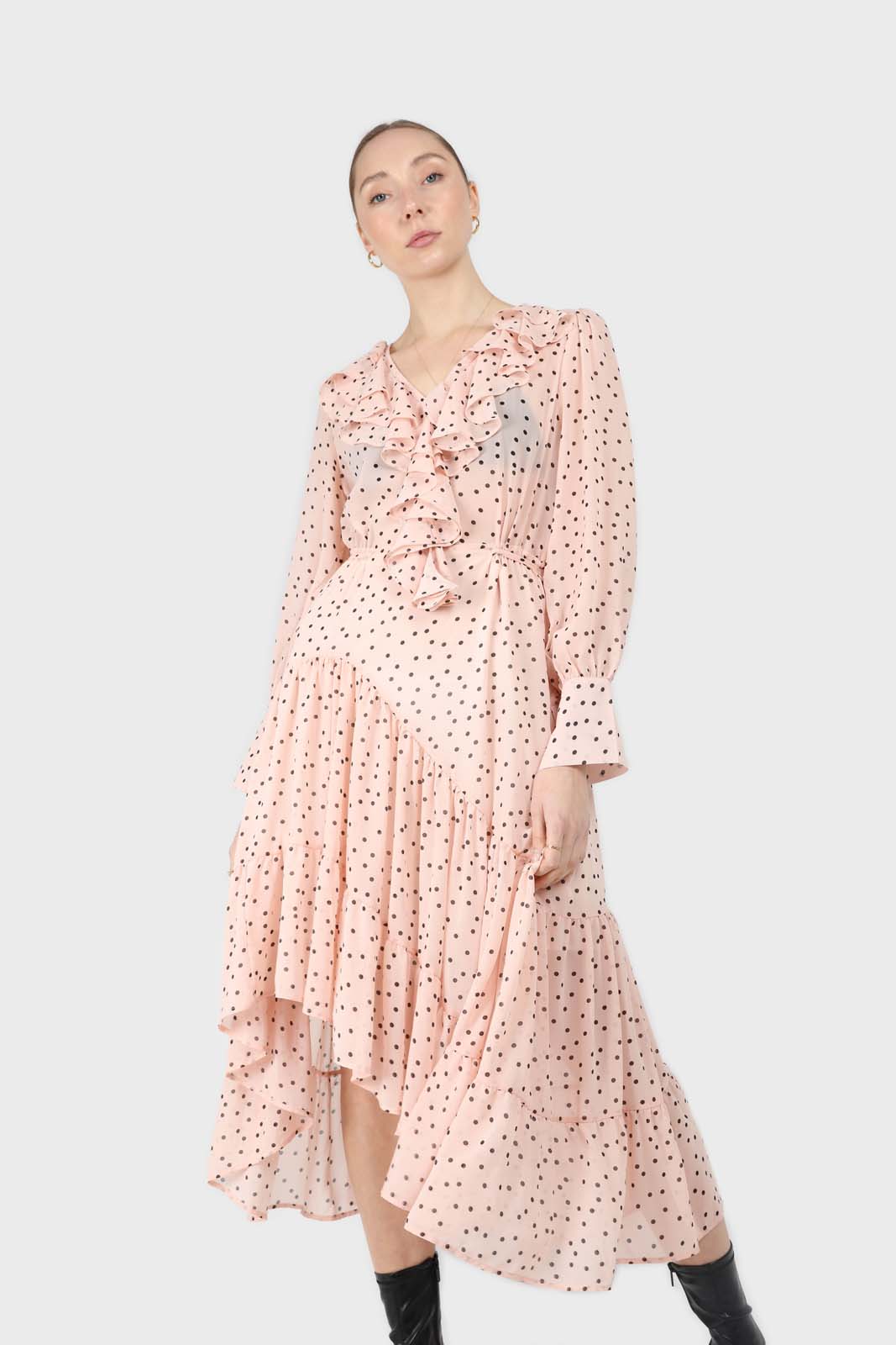 Pink and black polka dot long sleeved maxi dress_15