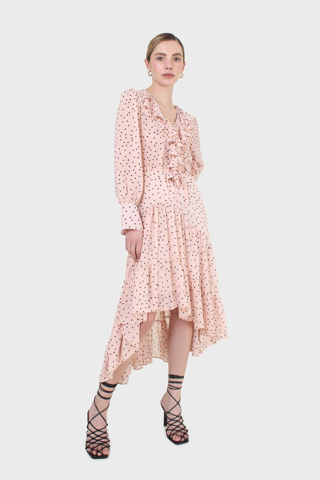 Pink and black polka dot long sleeved maxi dress_4
