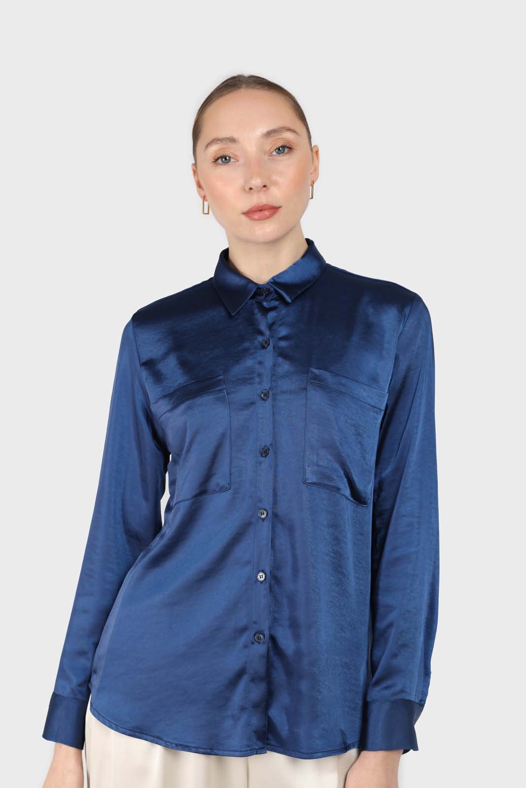 Navy satin chest pocket silky shirt_1