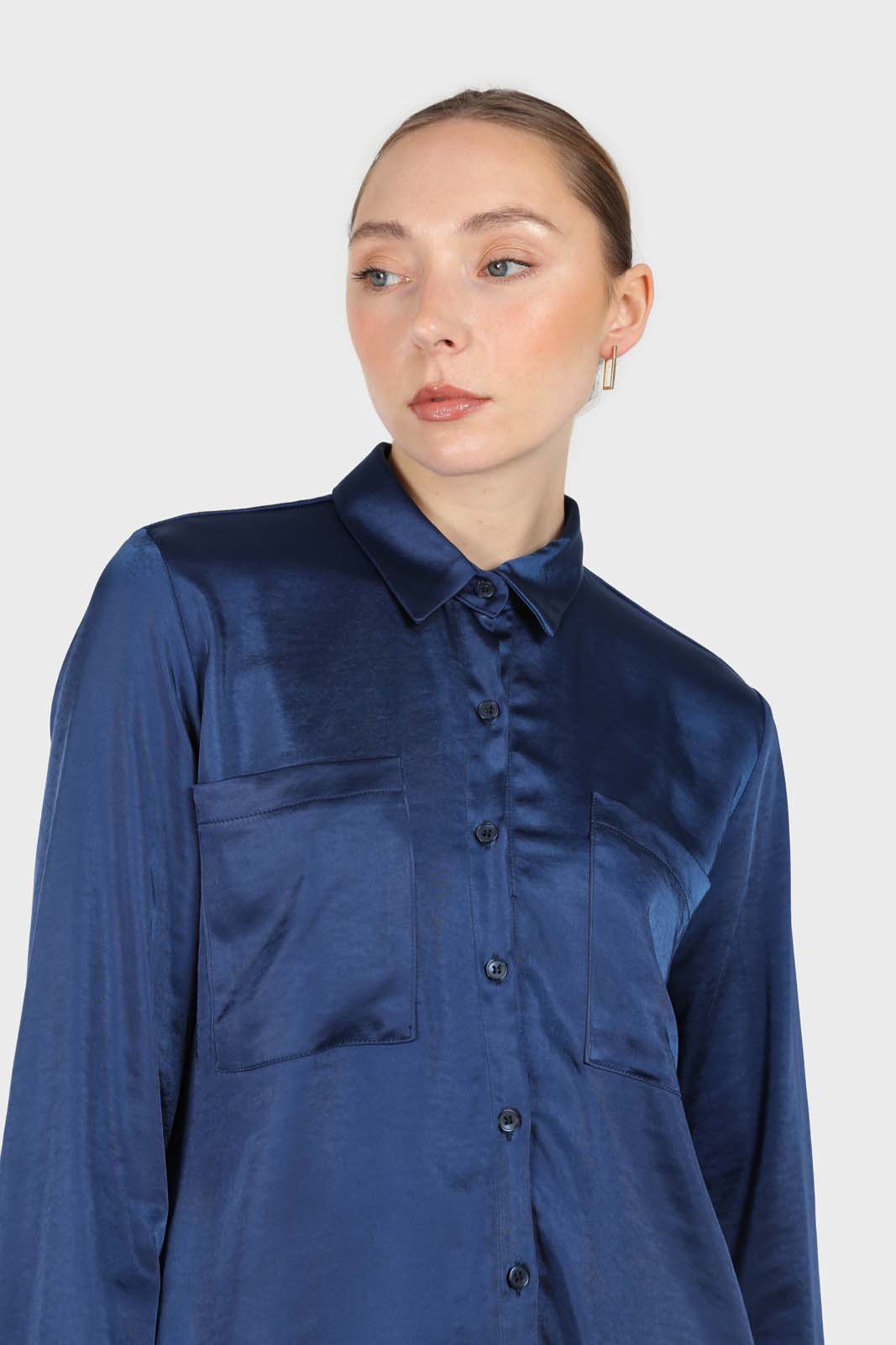 Navy satin chest pocket silky shirt_2