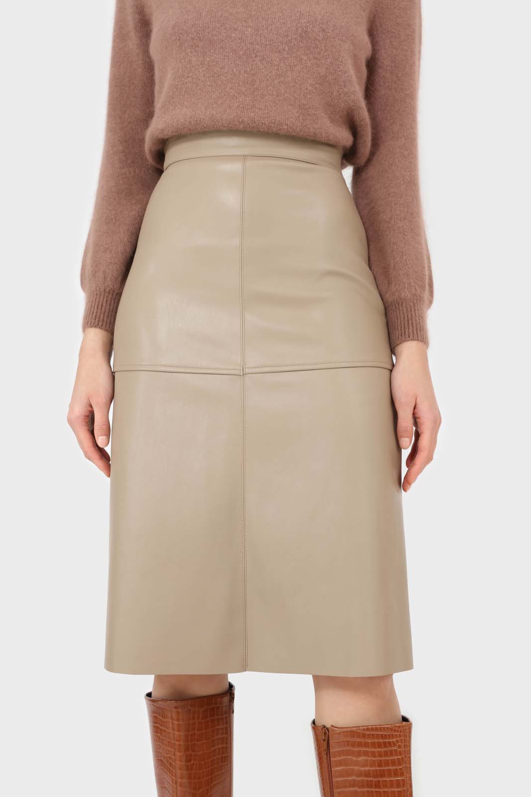 Beige vegan leather panelled midi skirt_7