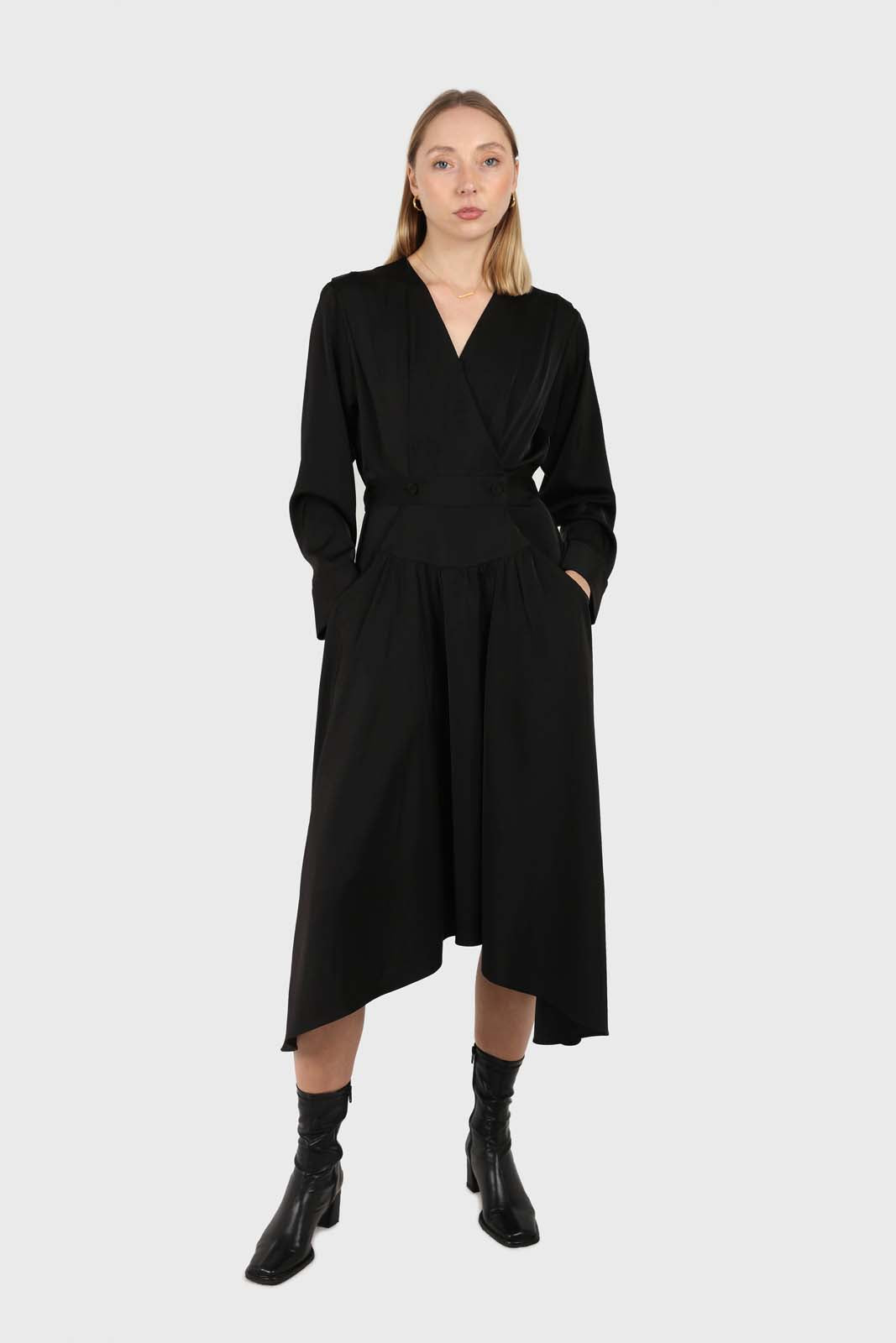 Black V-neck satin asymmetric hem midi dress_7