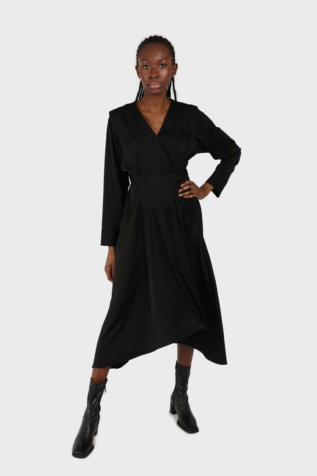Black V-neck satin asymmetric hem midi dress_1