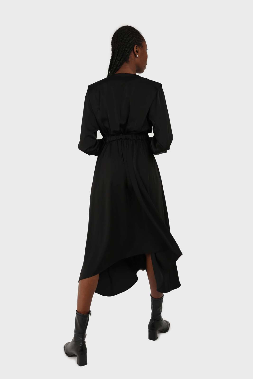 Black V-neck satin asymmetric hem midi dress_2