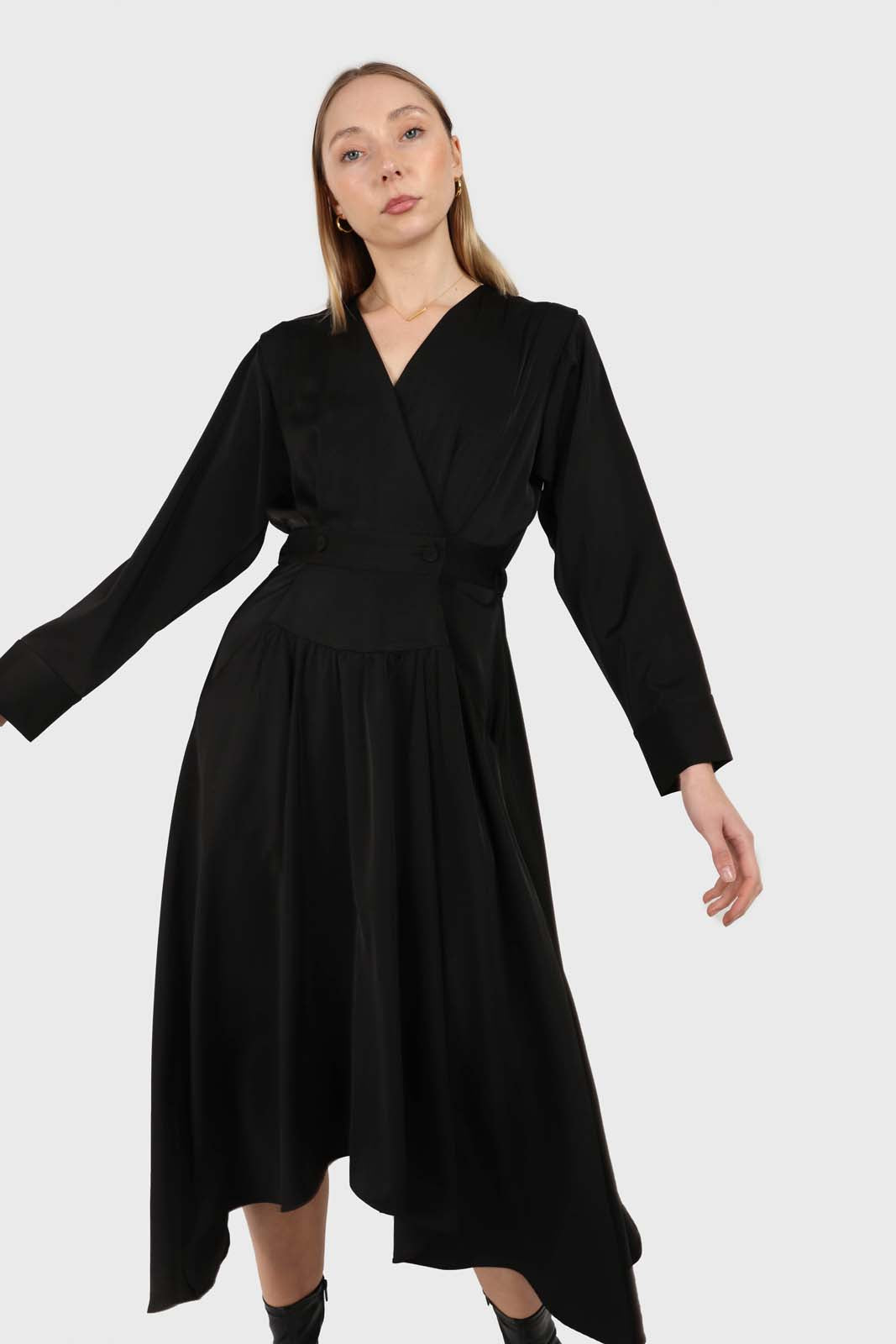 Black V-neck satin asymmetric hem midi dress_6