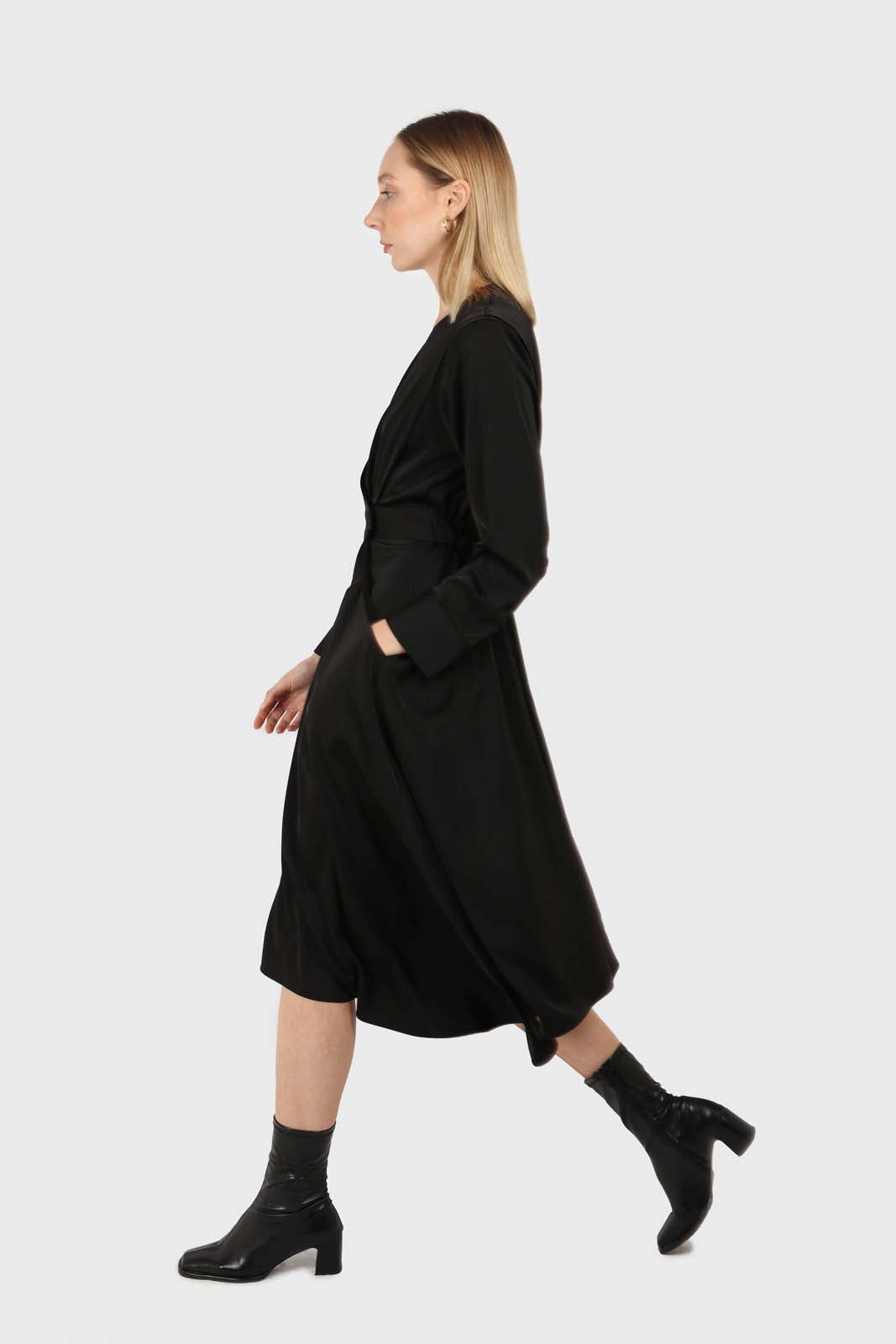 Black V-neck satin asymmetric hem midi dress_5