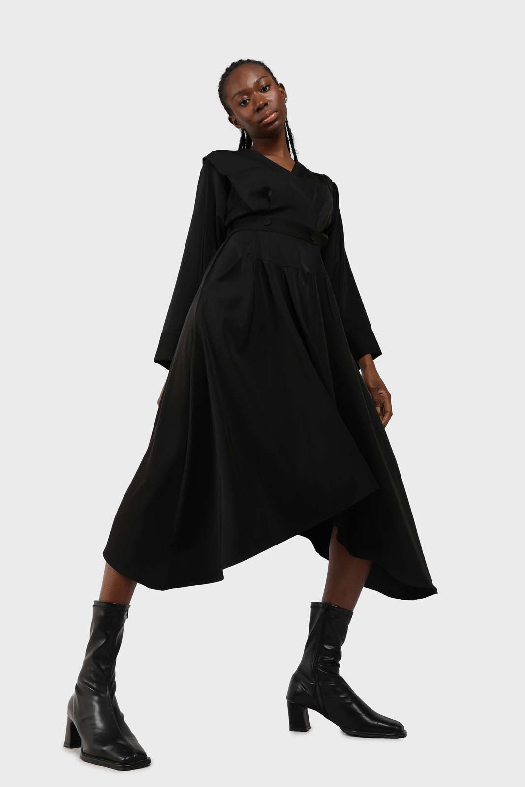Black V-neck satin asymmetric hem midi dress_3