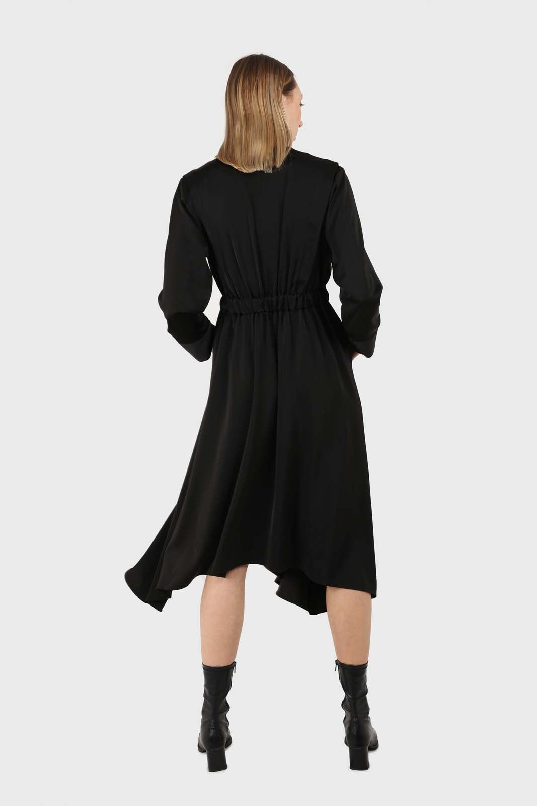 Black V-neck satin asymmetric hem midi dress_9