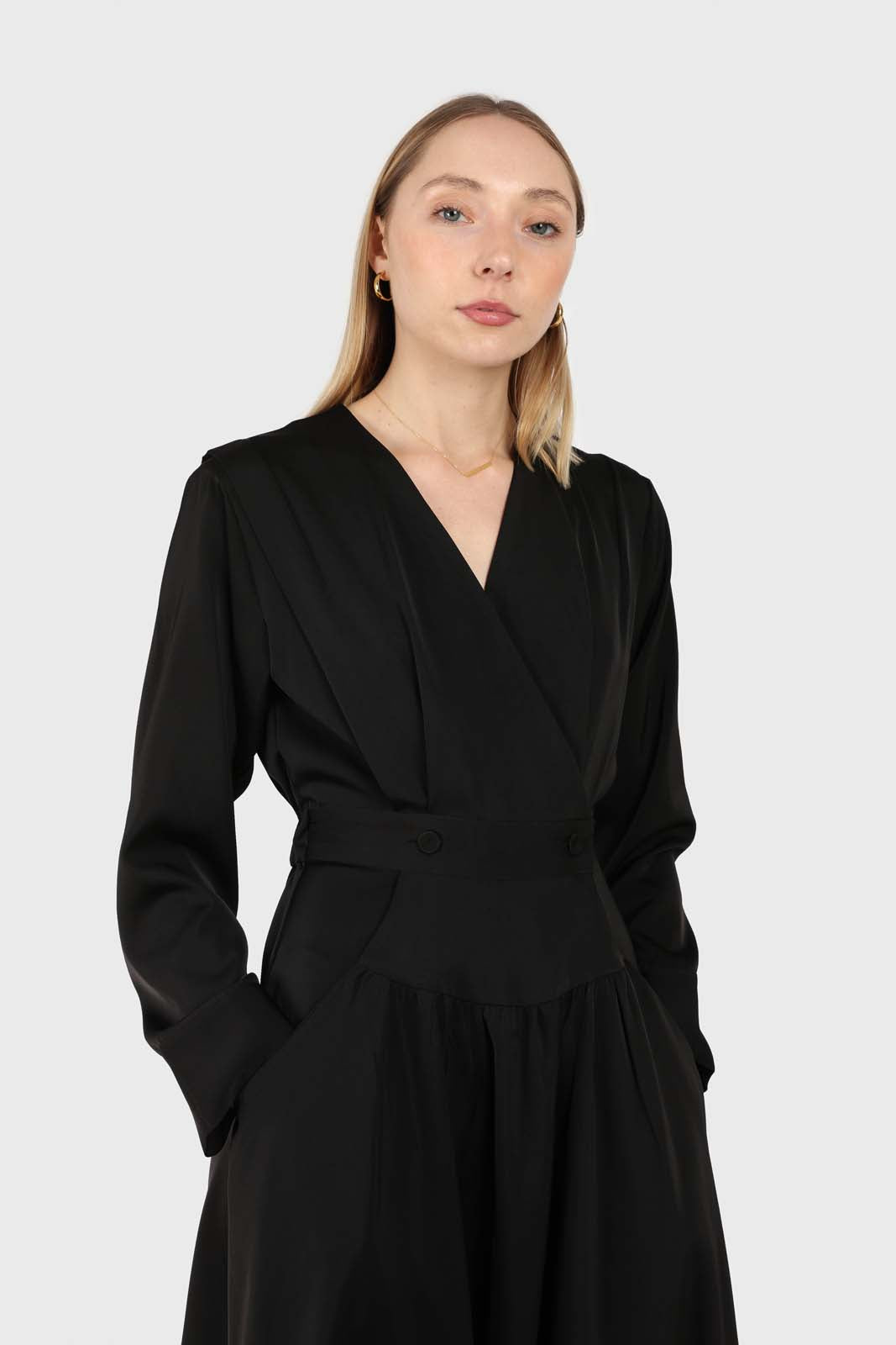 Black V-neck satin asymmetric hem midi dress_10