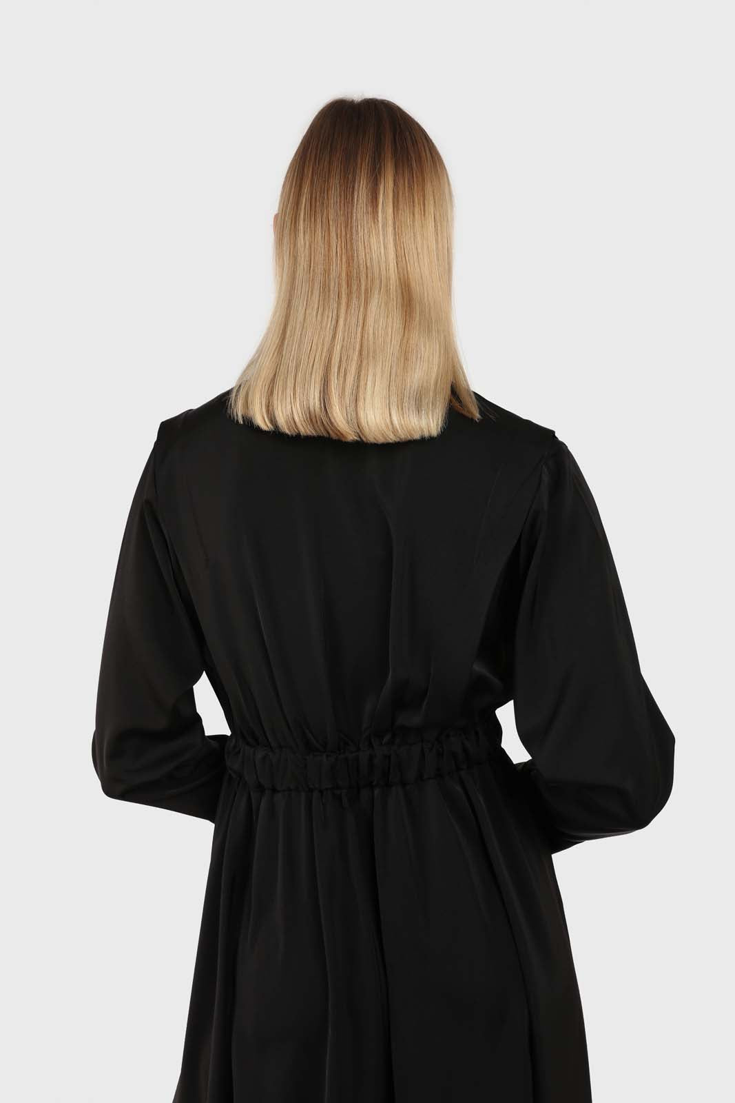 Black V-neck satin asymmetric hem midi dress_12