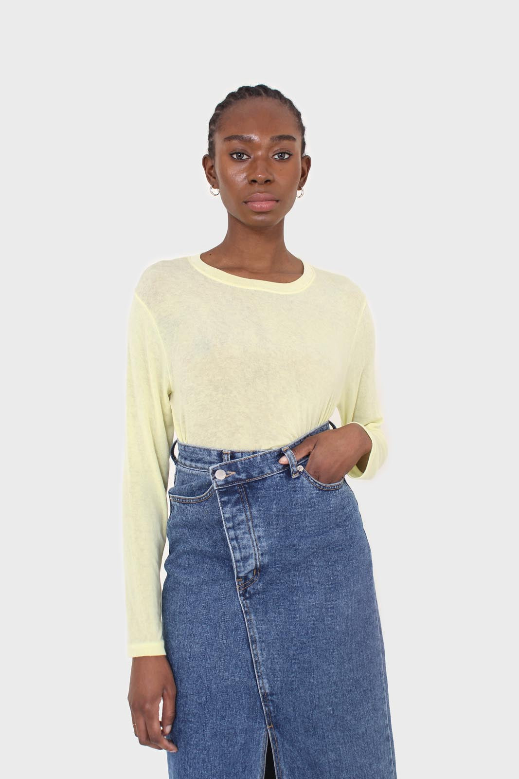 Pale yellow long sleeve jersey top_1