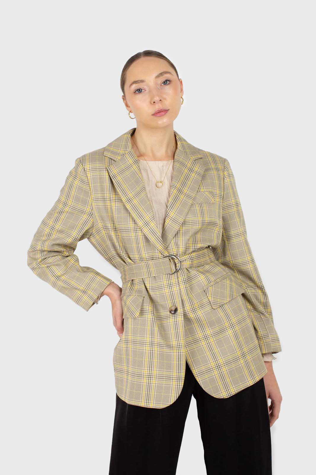 Beige and yellow checked belted jacket_1