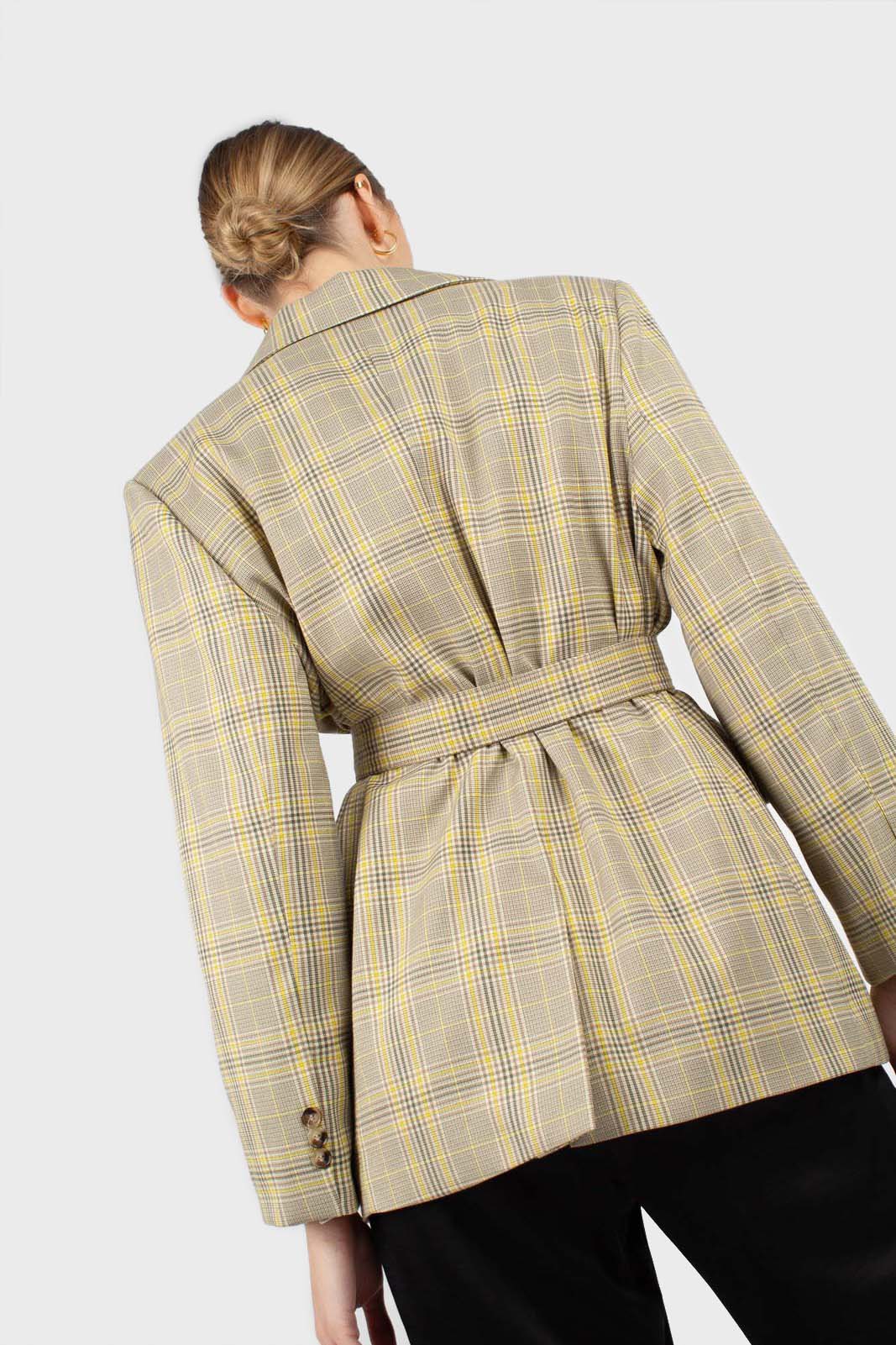 Beige and yellow checked belted jacket_2