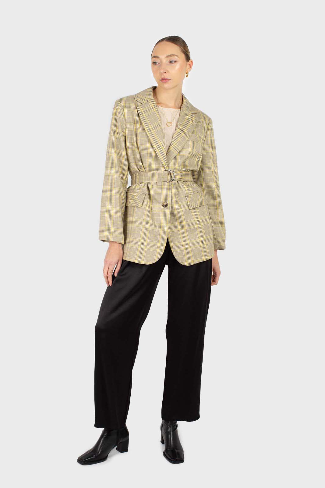 Beige and yellow checked belted jacket_3