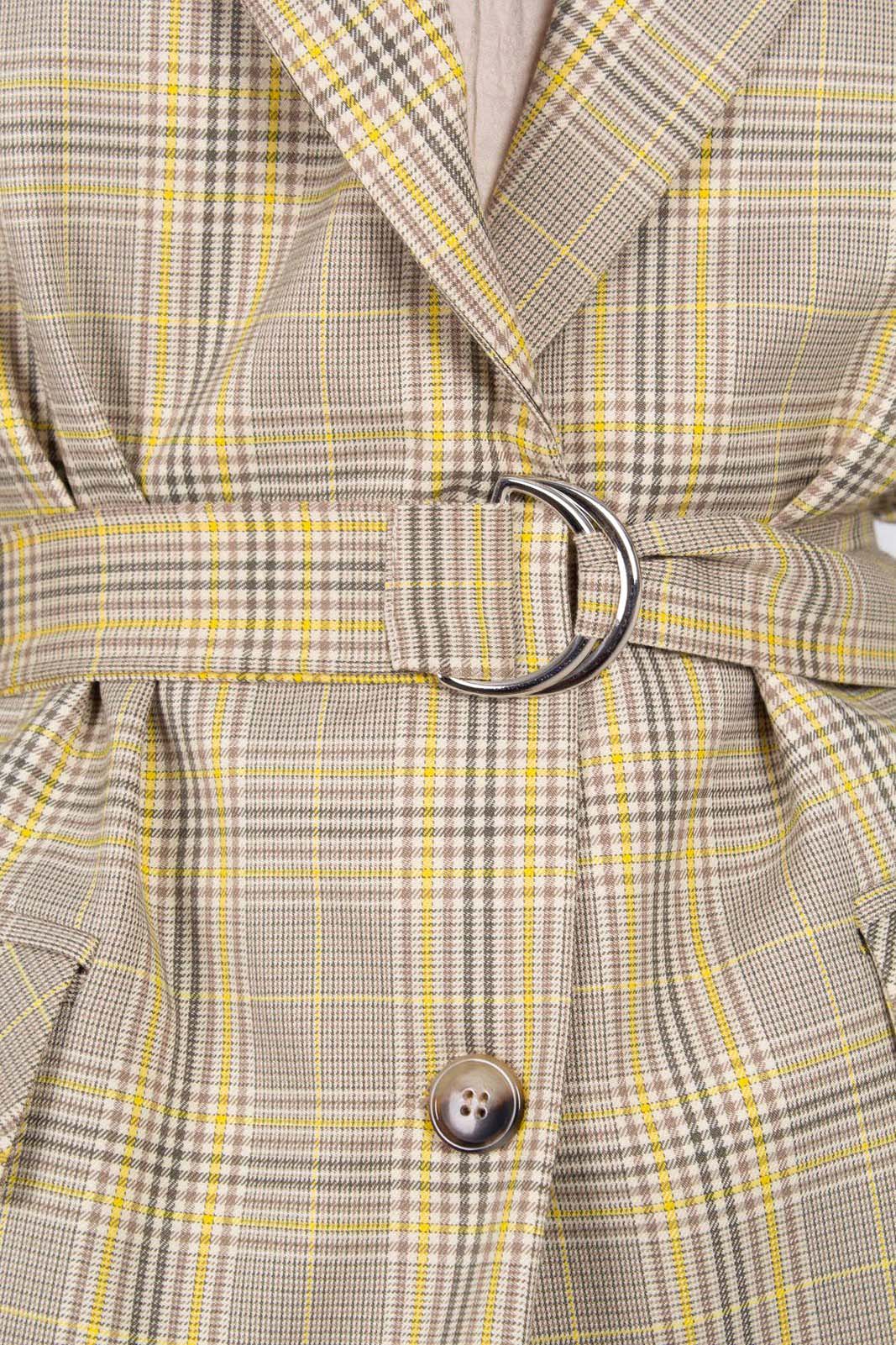 Beige and yellow checked belted jacket_5
