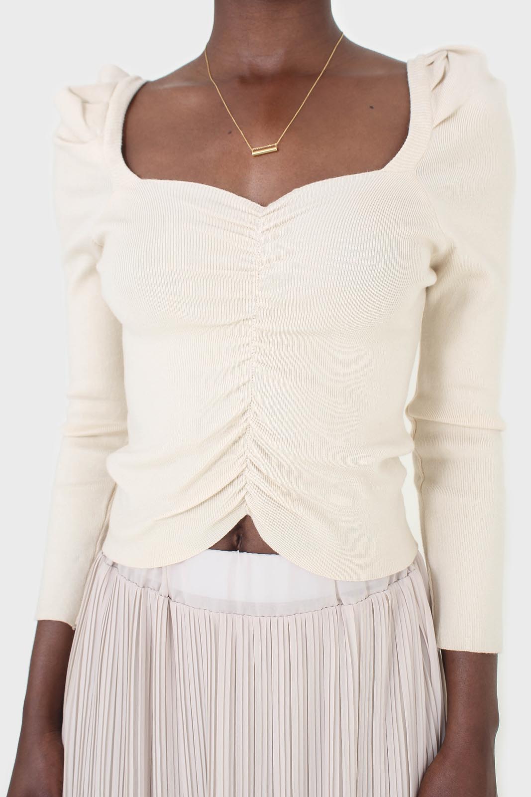 Beige gathered front long sleeved knit top_3