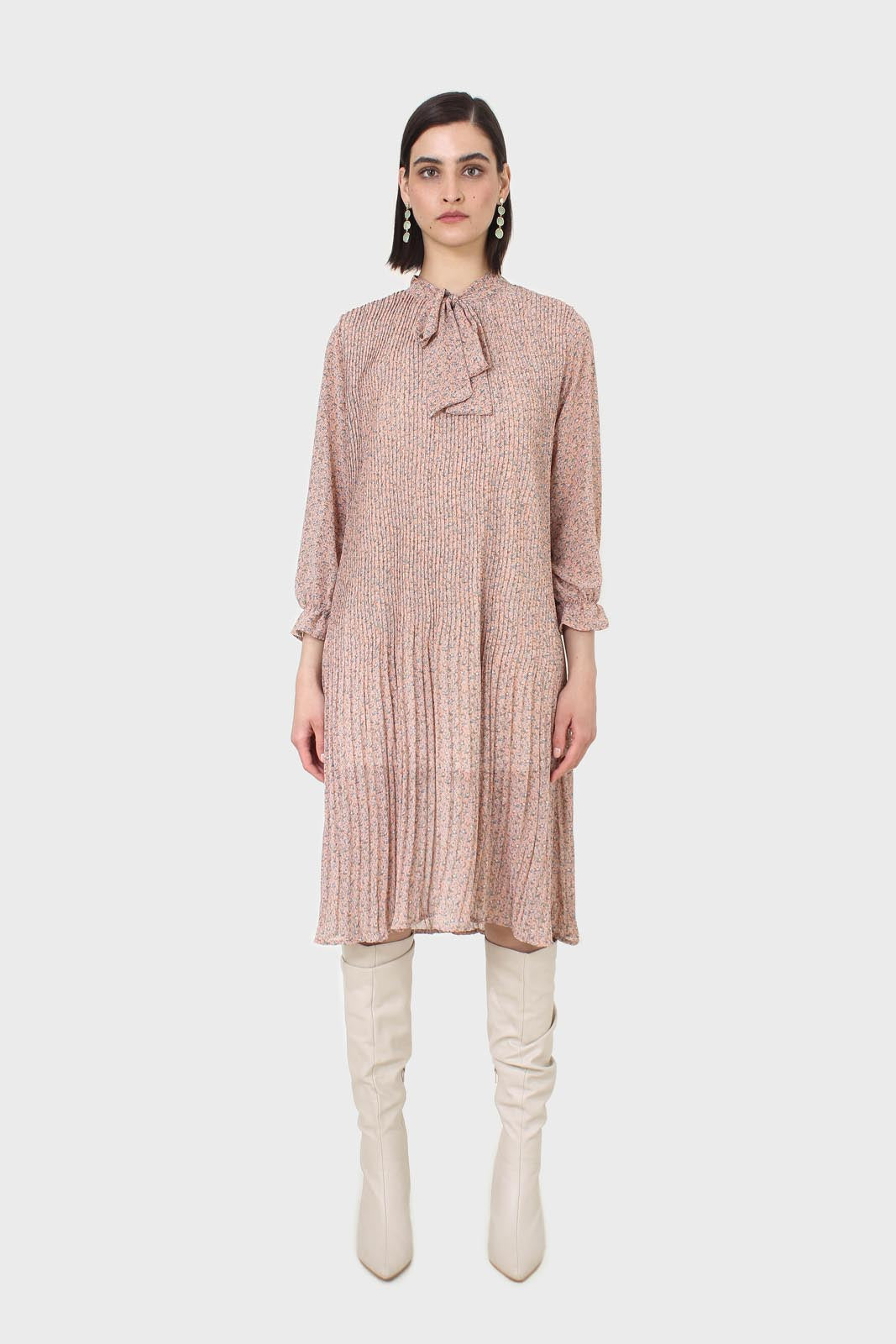 Pink and blue floral print micropleat maxi dress_1