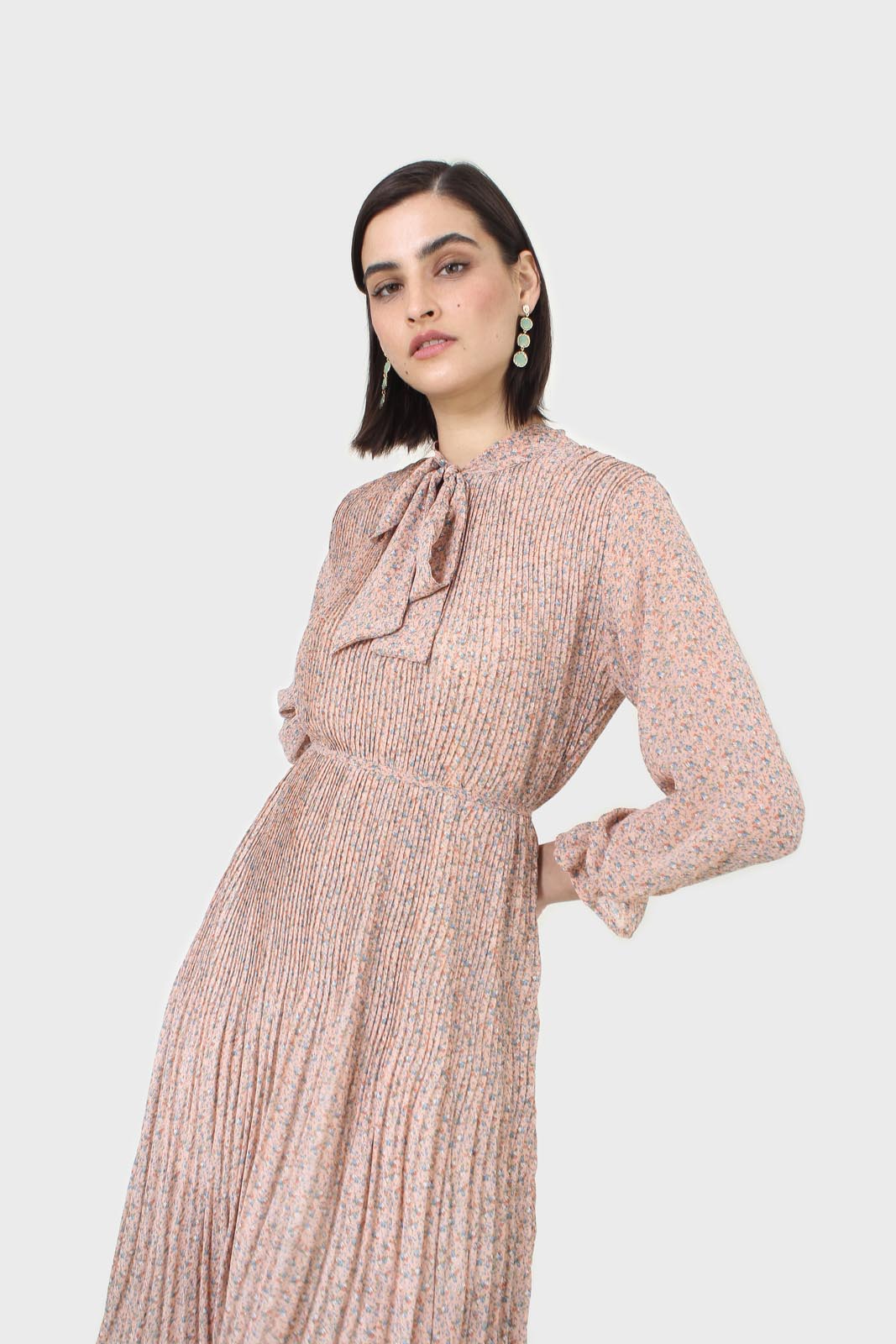 Pink and blue floral print micropleat maxi dress_6