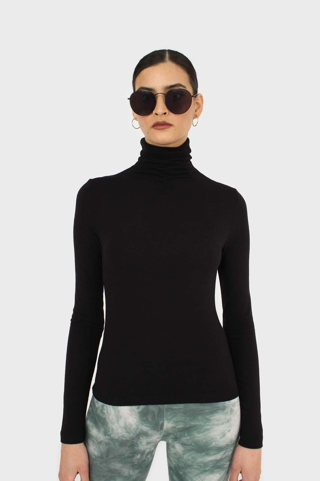 Black shirring neck jersey turtleneck top_6