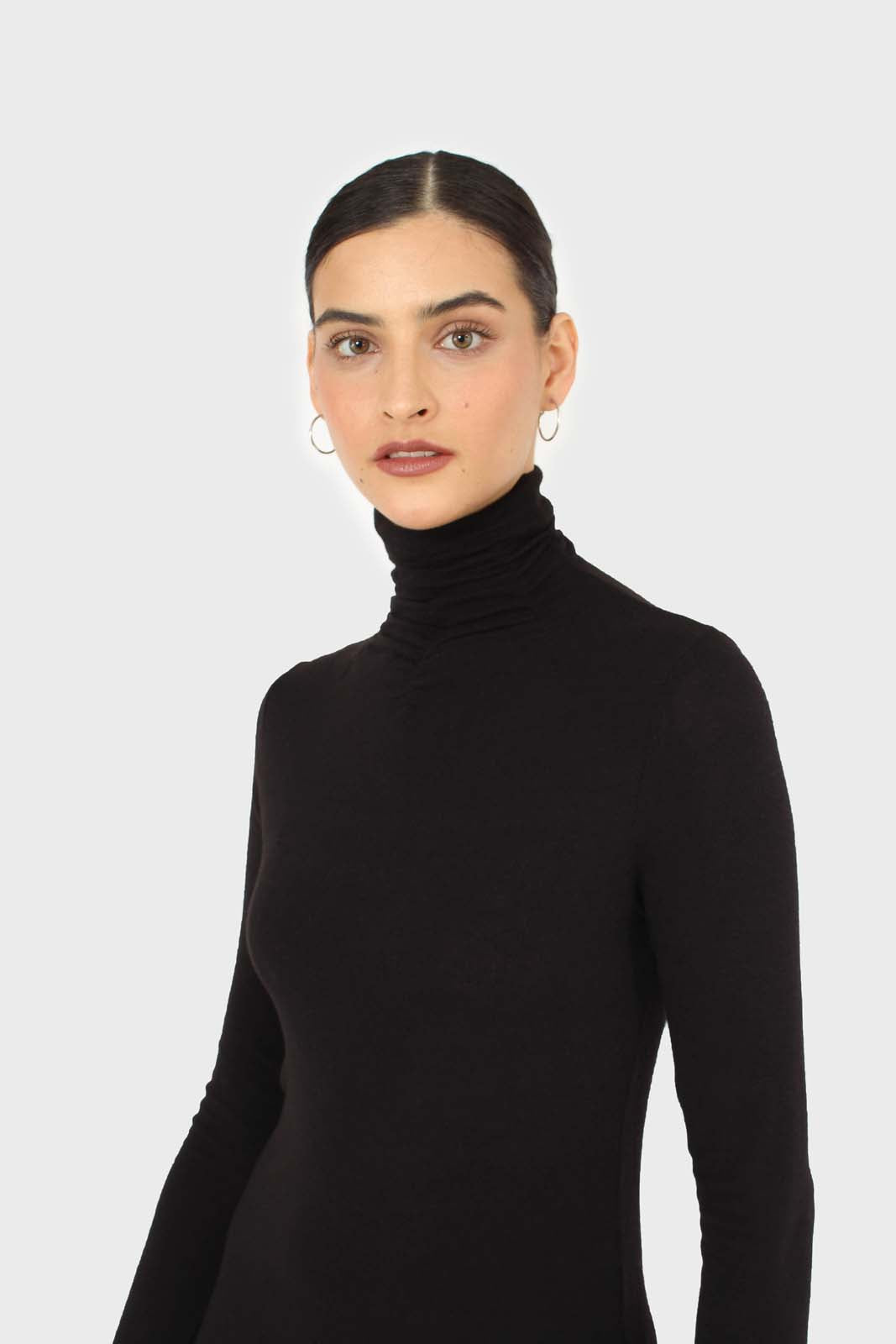 Black shirring neck jersey turtleneck top_1