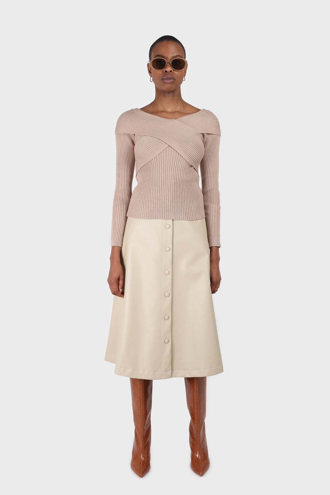 Beige cross over wrap ribbed knit top_2