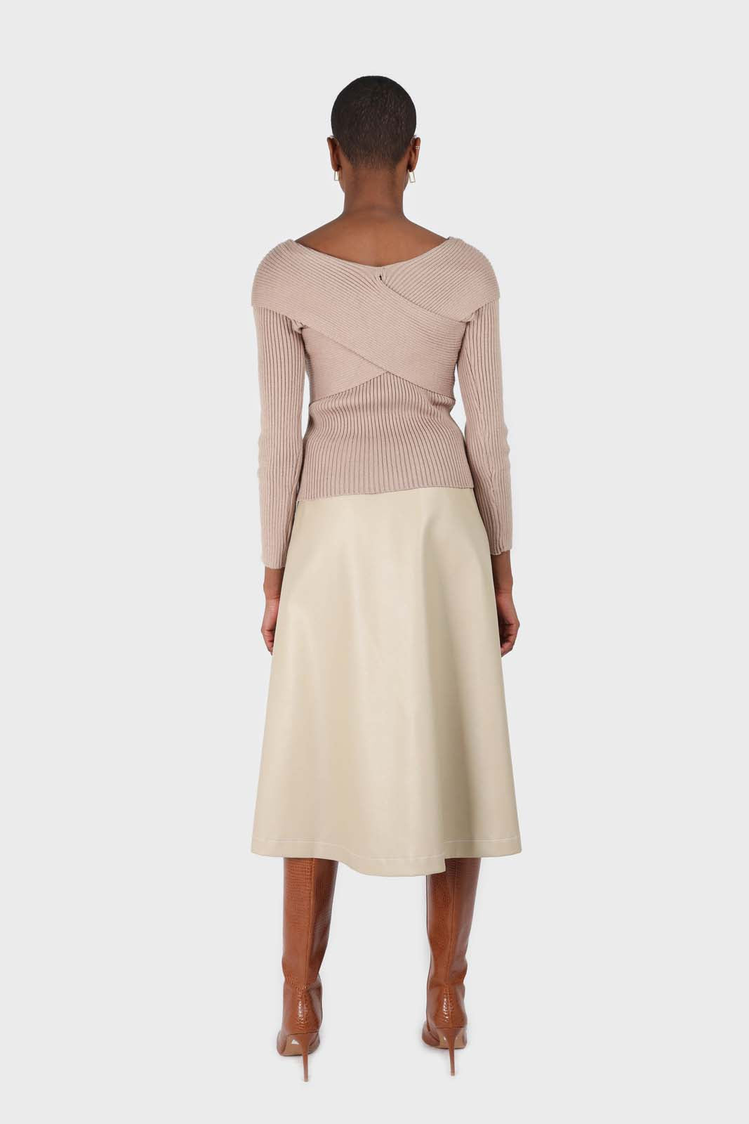 Beige cross over wrap ribbed knit top_4