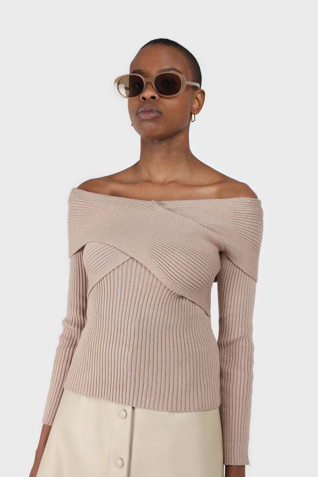 Beige cross over wrap ribbed knit top_1