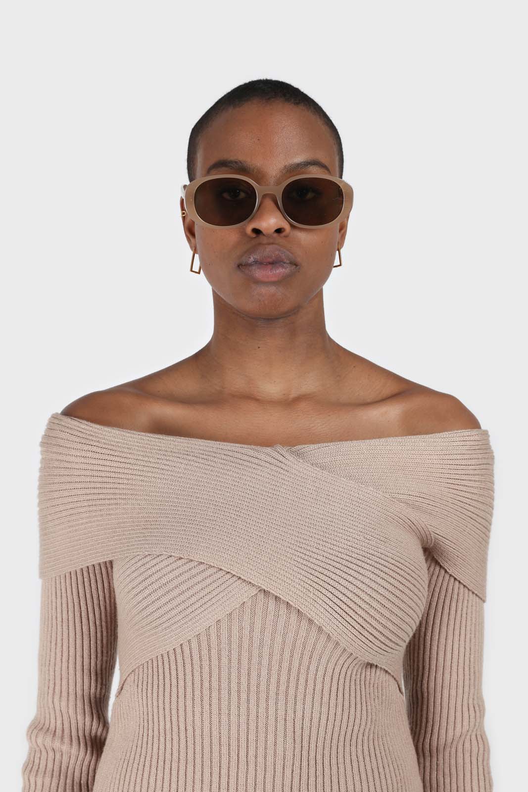 Beige cross over wrap ribbed knit top_5