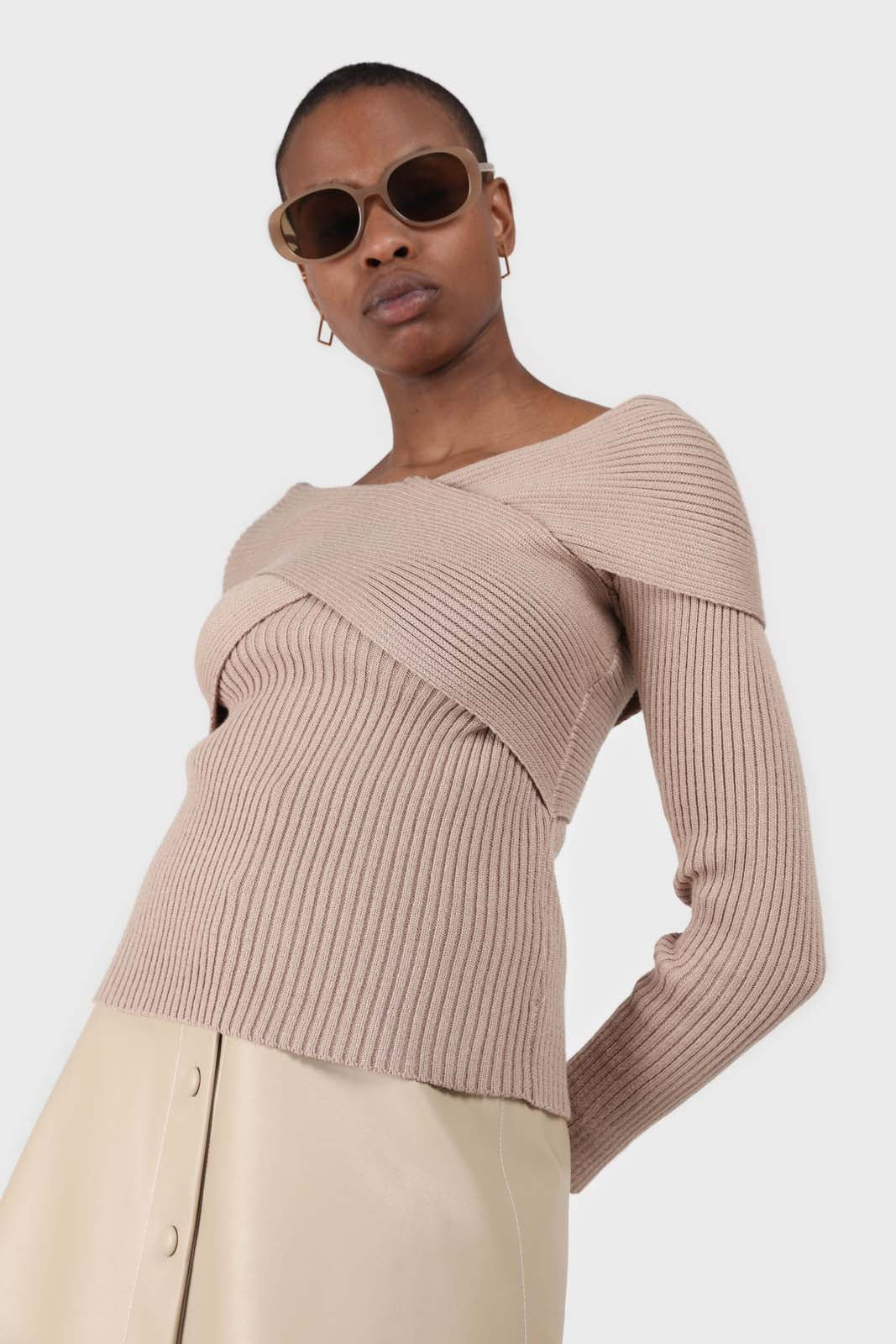 Beige cross over wrap ribbed knit top_6