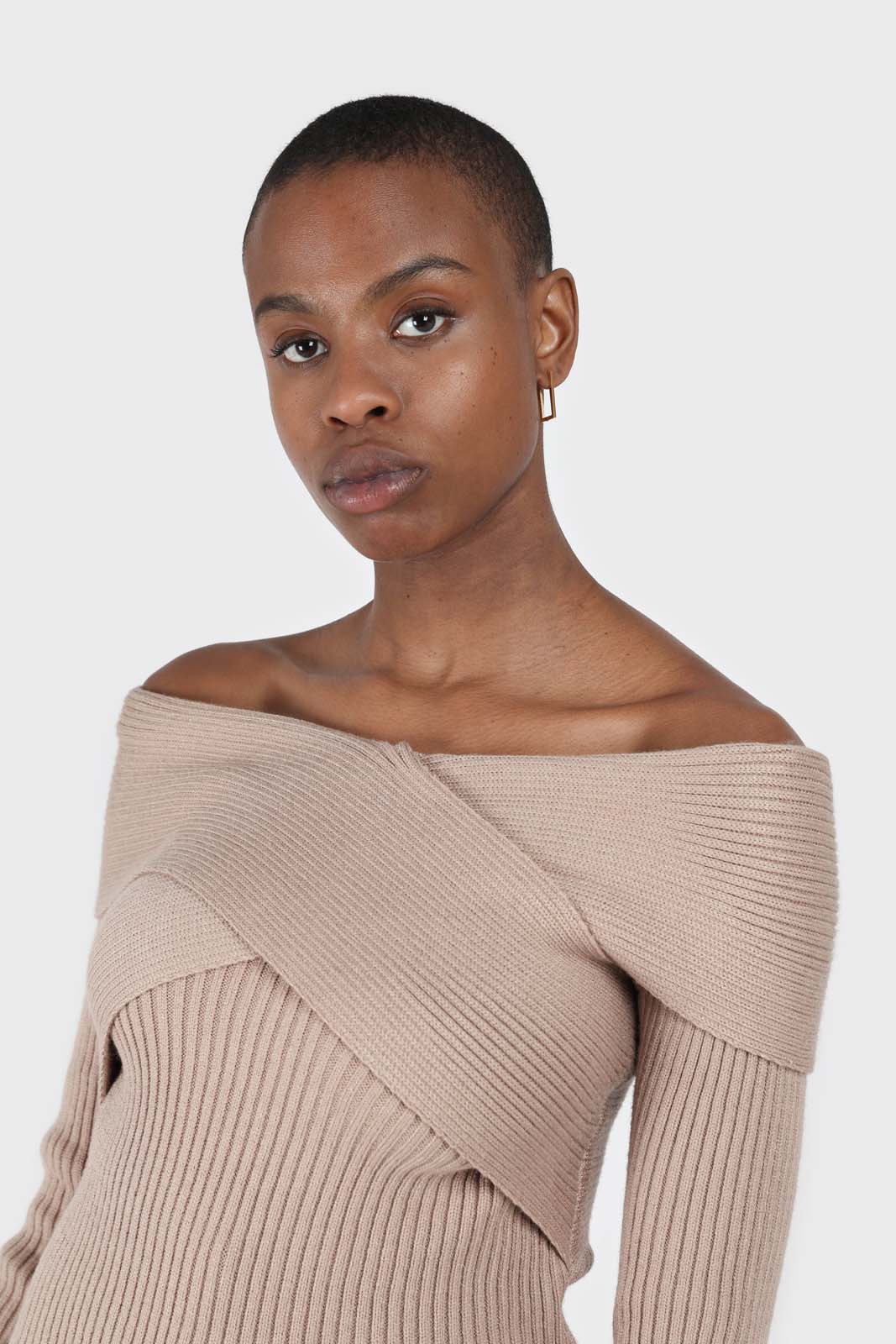 Beige cross over wrap ribbed knit top_3