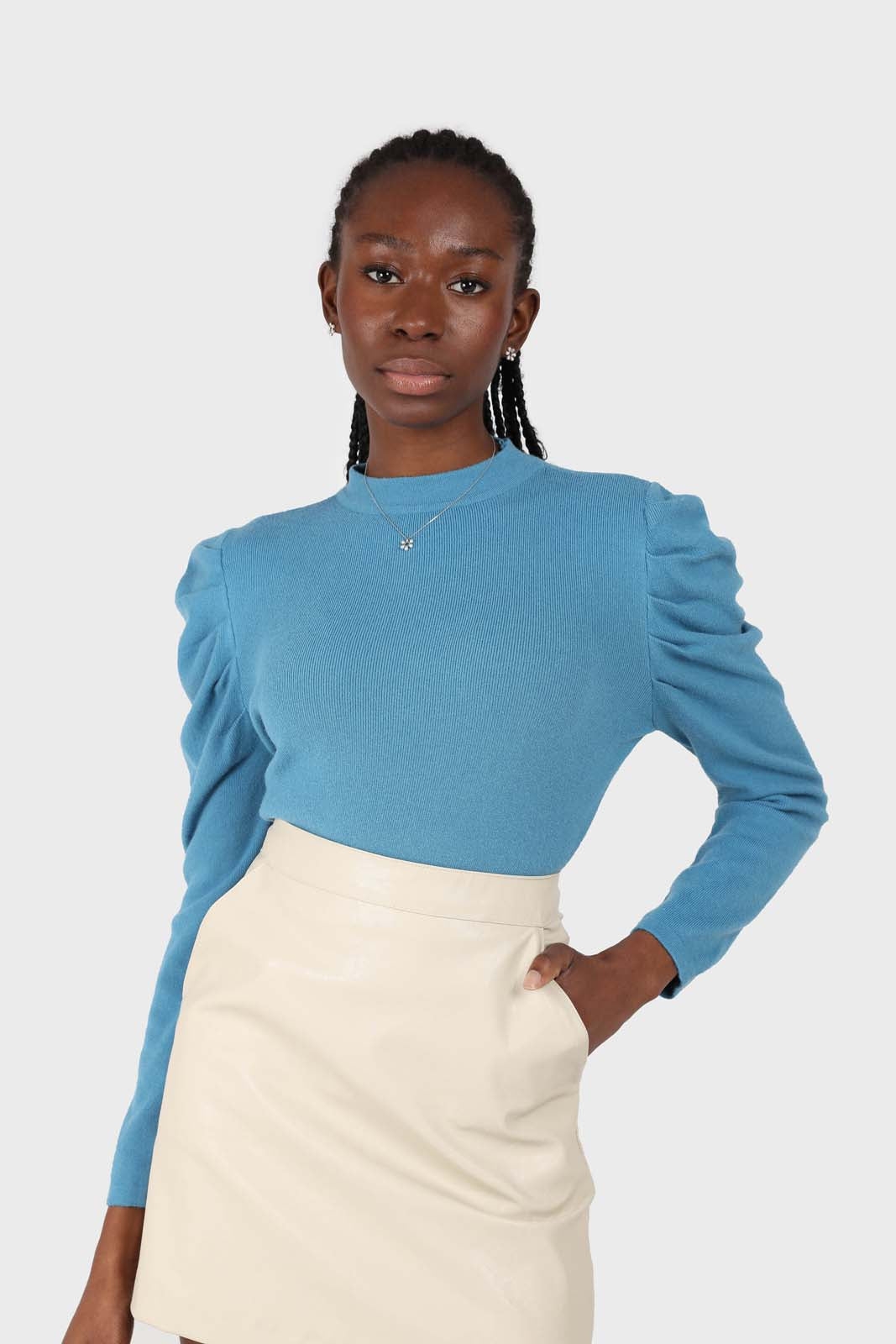 Blue long balloon sleeve knit top_1