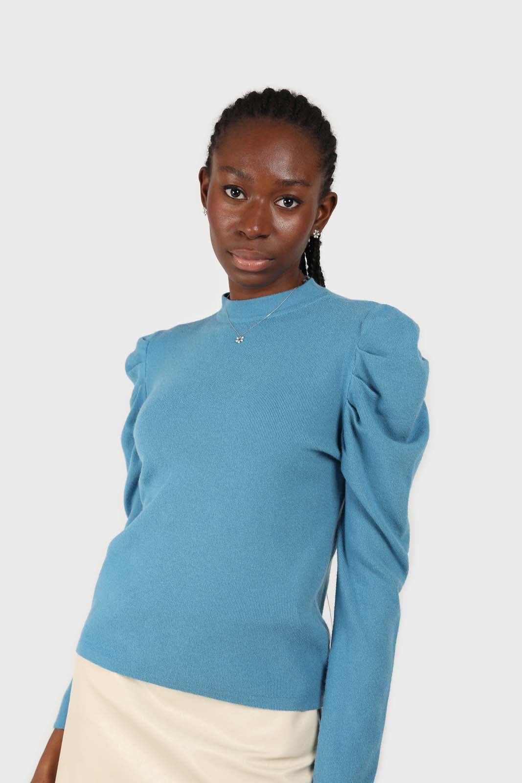 Blue long balloon sleeve knit top_5