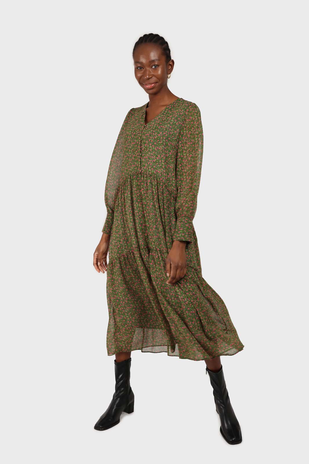 Khaki button front floral maxi dress_1