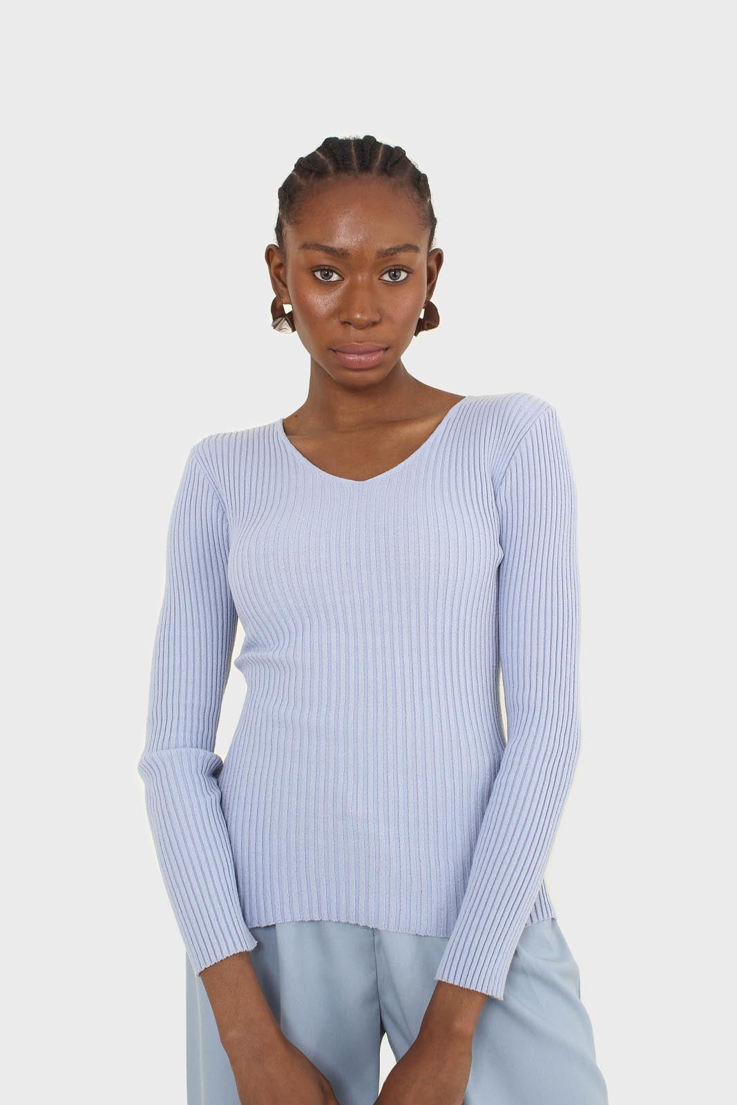 Light blue V-neck ribbed long sleeved knit_8