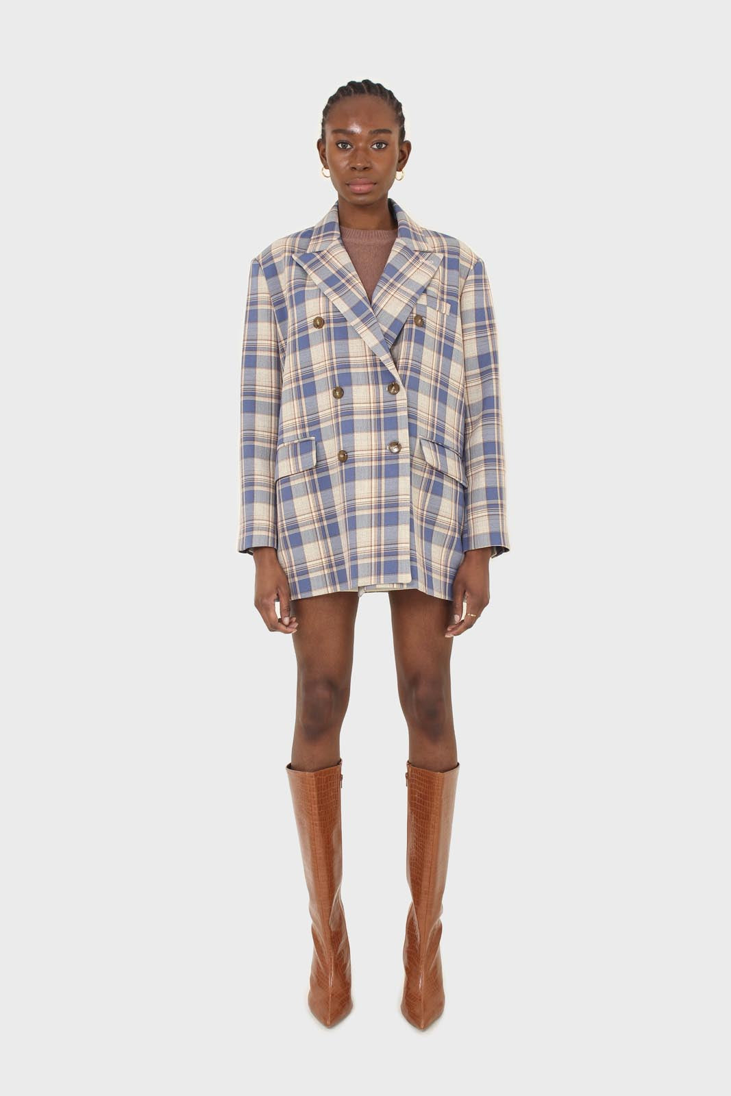 Blue and yellow checked oversized blazer_4