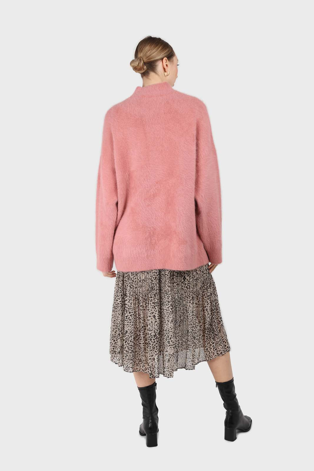 Pink split front mock neck angora long jumper_2