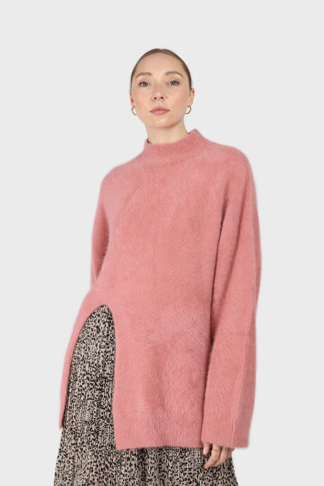 Pink split front mock neck angora long jumper_3