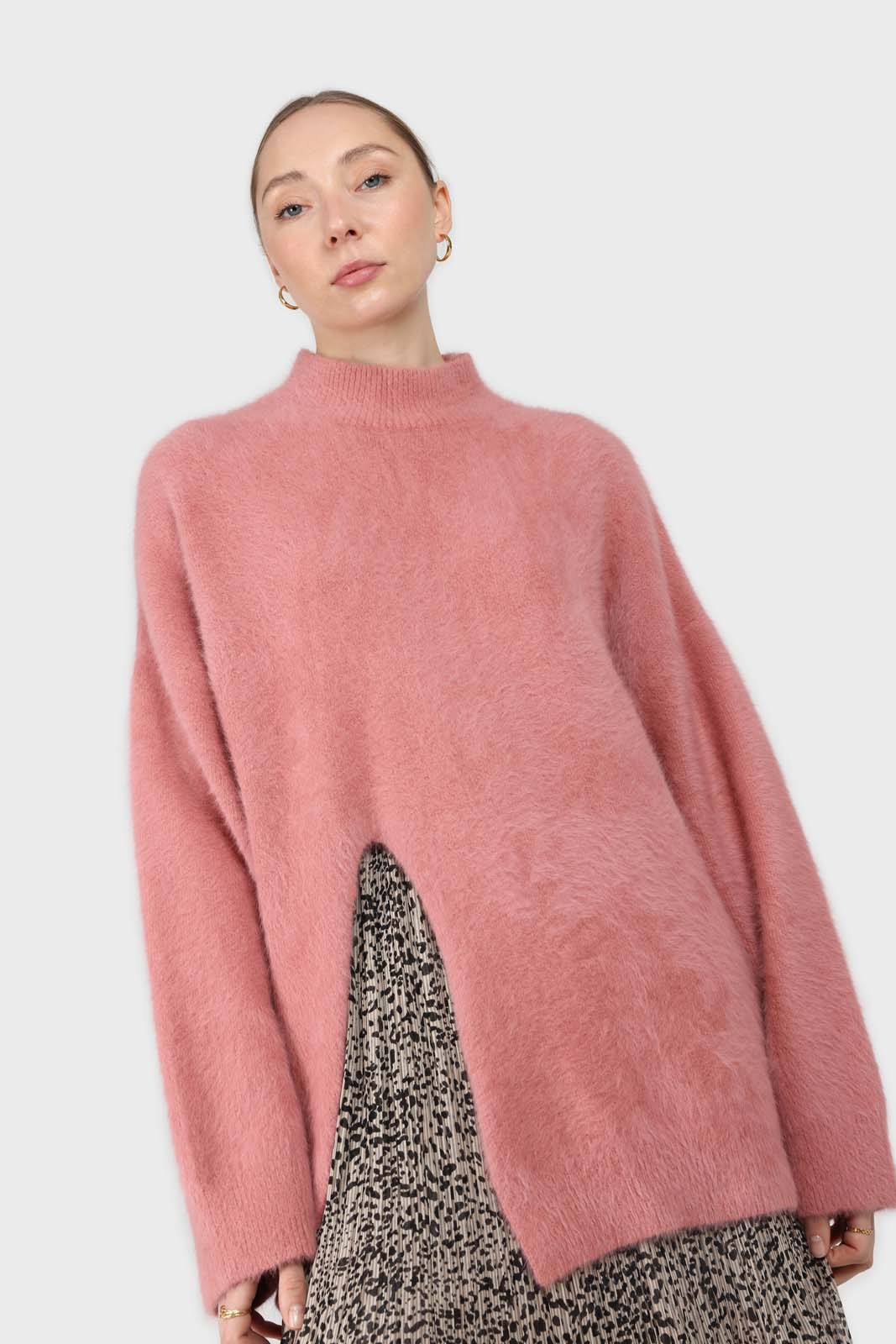Pink split front mock neck angora long jumper_6