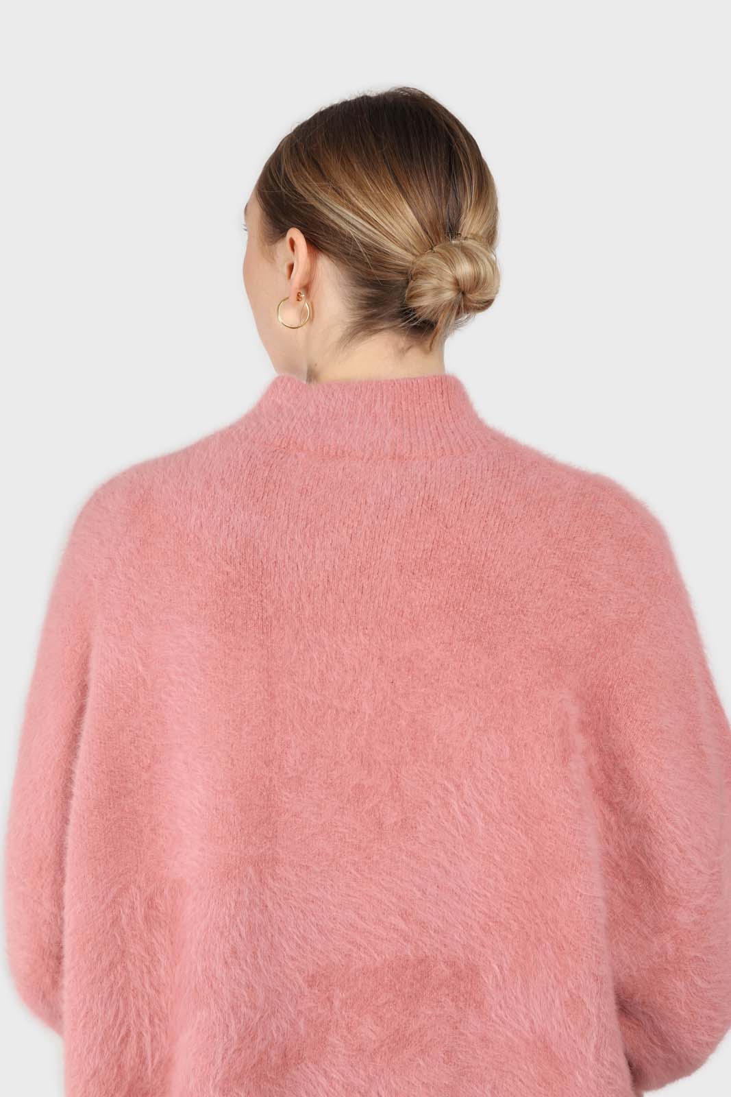 Pink split front mock neck angora long jumper_7