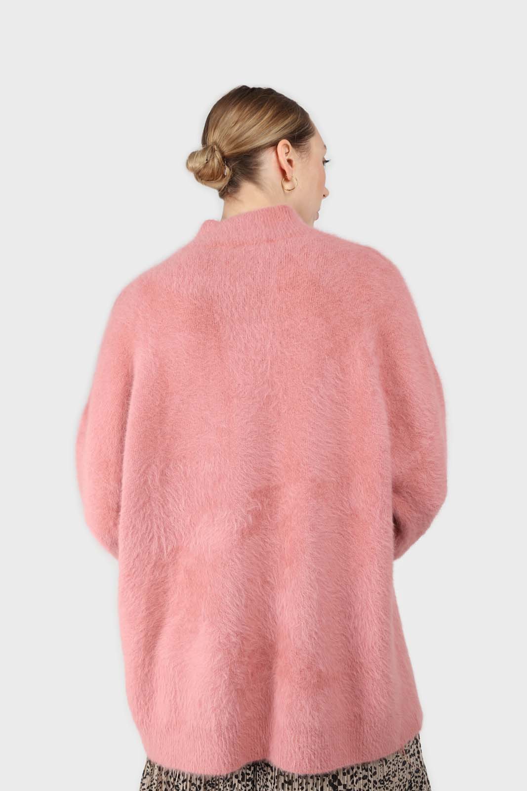 Pink split front mock neck angora long jumper_8