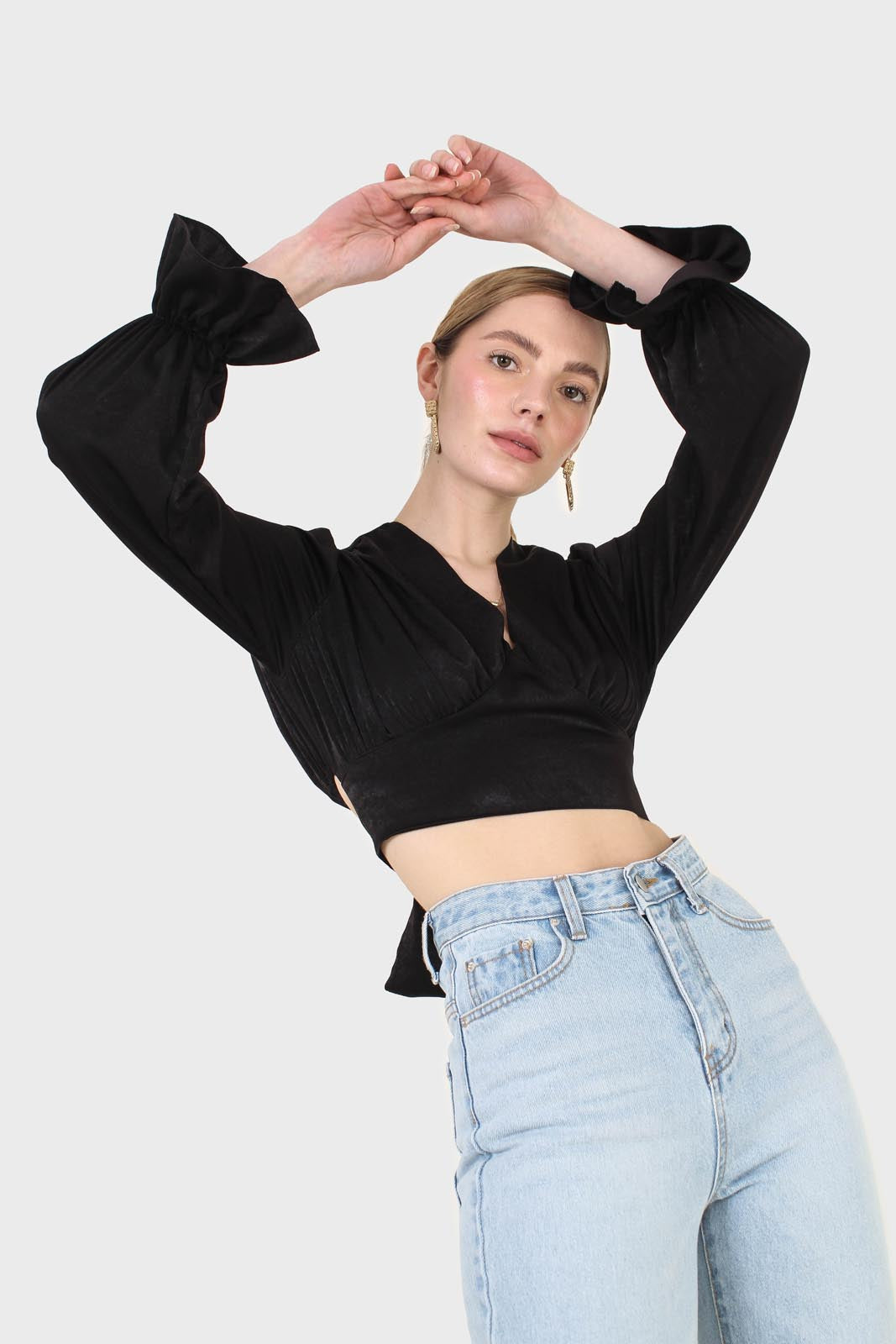 Black deep V tie back cropped long sleeve blouse_7