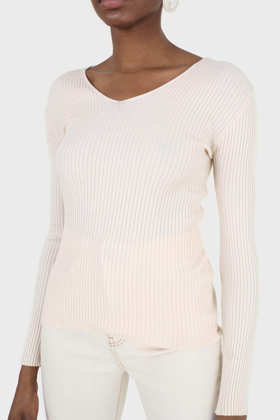 Cream V-neck ribbed long sleeved knit top_3