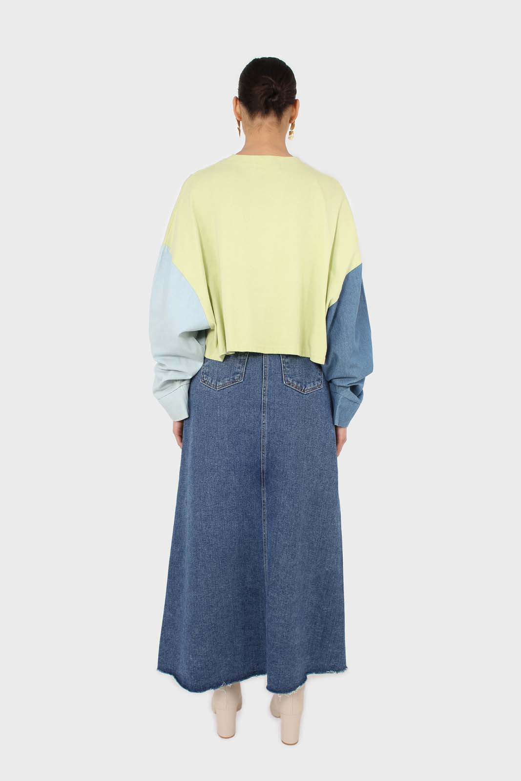 Lime denim colour block sleeve cropped top_5