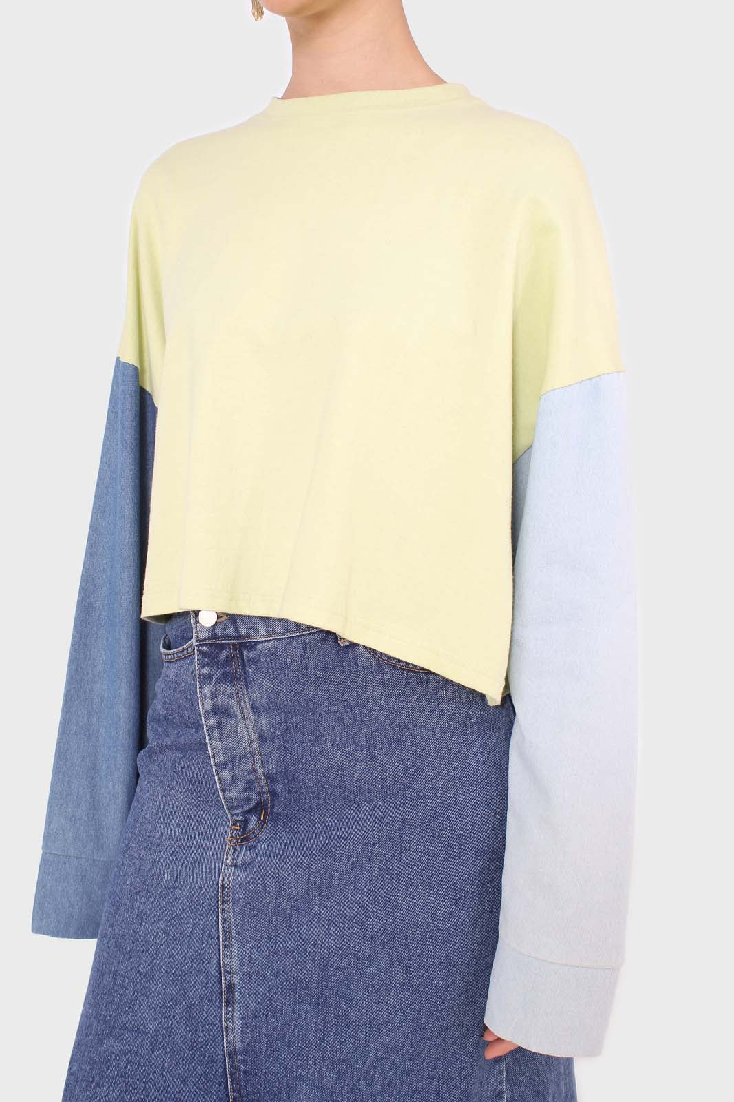 Lime denim colour block sleeve cropped top_7