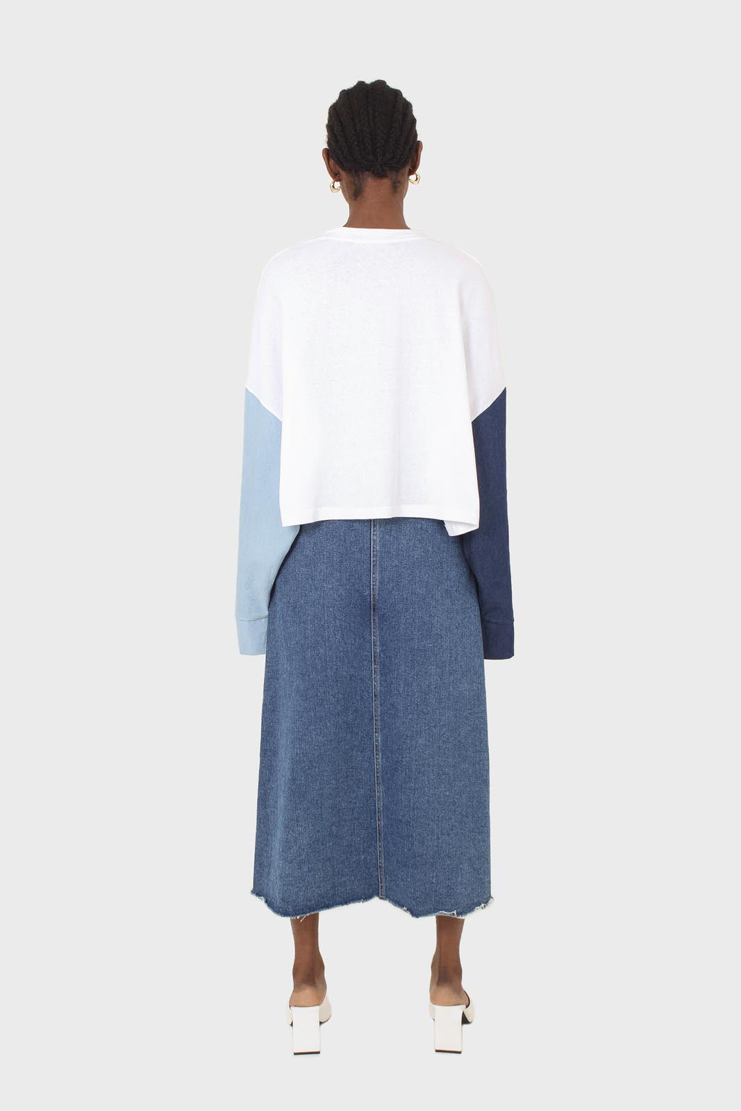 White denim colour block sleeve cropped top_4