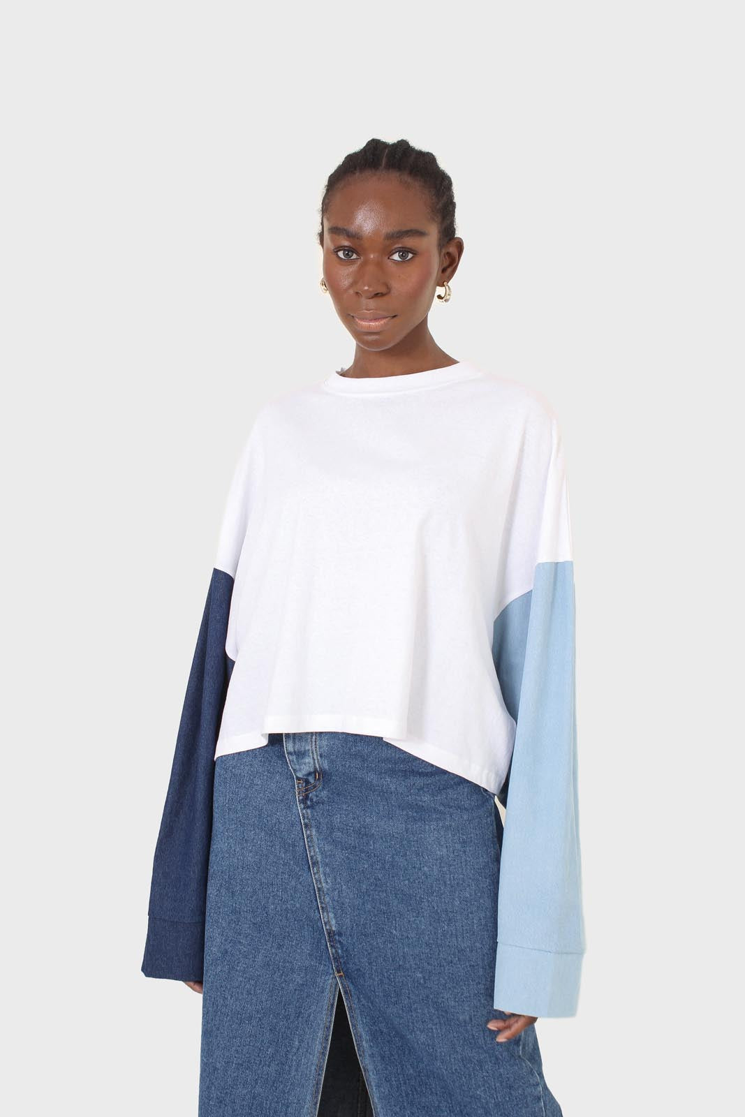 White denim colour block sleeve cropped top_6