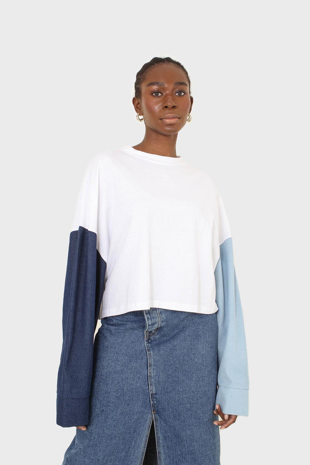 White denim colour block sleeve cropped top_8